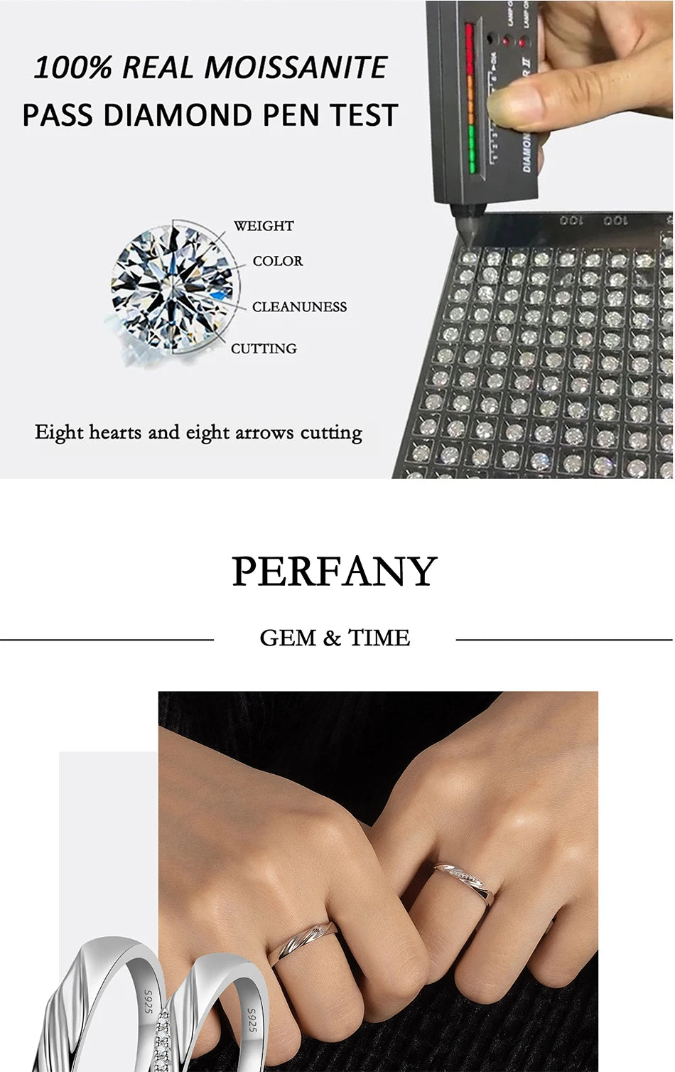 PERFANY  S925 Pure Silver Moissanite Ring for Women Men Classic Couple Ring Wedding Jewelry Christmas Gift