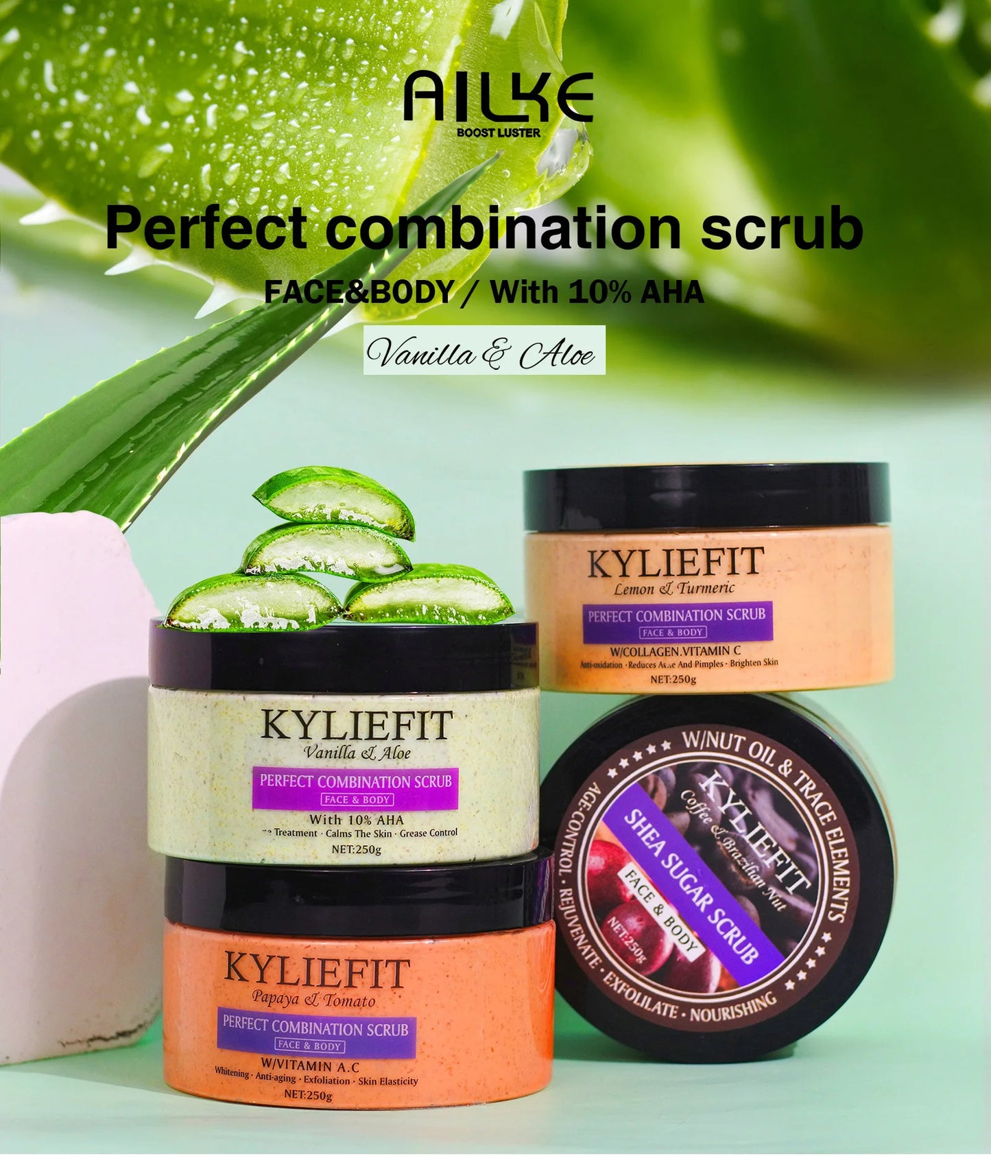 KYLIEFIT Natural Exfoliating Salt Body and Face Scrub, Lightening, Moisturizing, Remove Dark Spots, Acne, Stains, Wrinkles, 250g