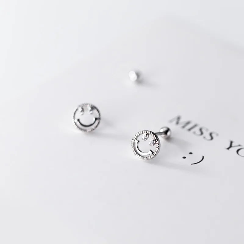 WANTME 925 Sterling Silver Fashion Cute Lucky Smile Screw Bead Piercing Stud Earrings for Women Classic Simple Ear Bone Jewelry