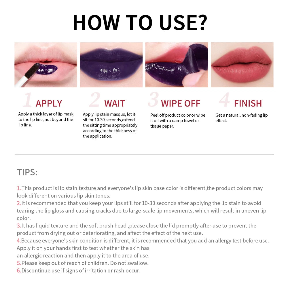 Long Lasting Waterproof Peel Off Lip Stain Lip Tint Transfer Proof Non-stick Cup Matte Reveal Lip Stain Cosmetics for Women