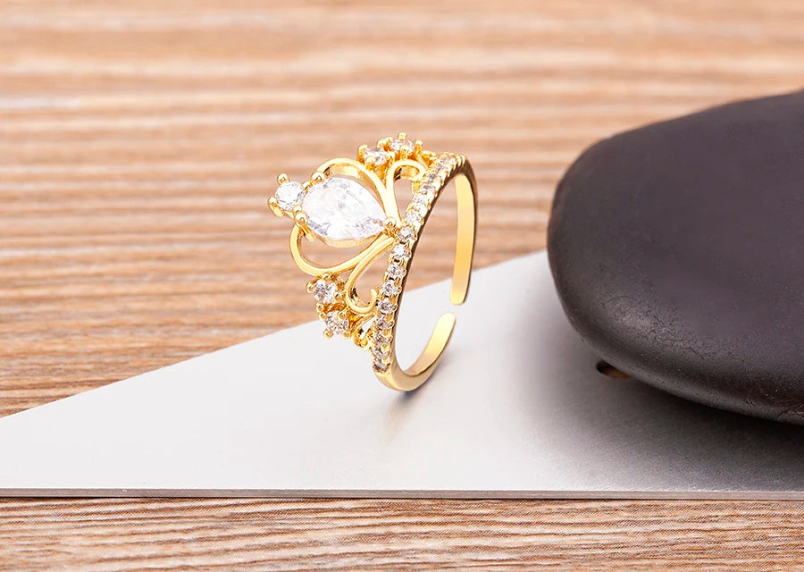 Nidin New Design Crown-Shaped Hollow Inlaid Shiny Rhinestone Open Ring Women Temperament Zircon Adjustable Jewelry Wedding Gift