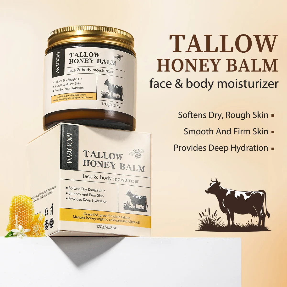 120g Beef Tallow Paste Deeply Moisturizer Brightening Wrinkle Remover Grass Fed Tallow Wild Honey Face Body Cream Skin Car