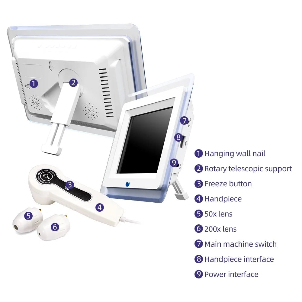 7 Inch LCD Scalp Detector Digital Hair Skin Analyzer Microscope for Hair Follicle Testing and Skin Analysis Magnifier 50/200X