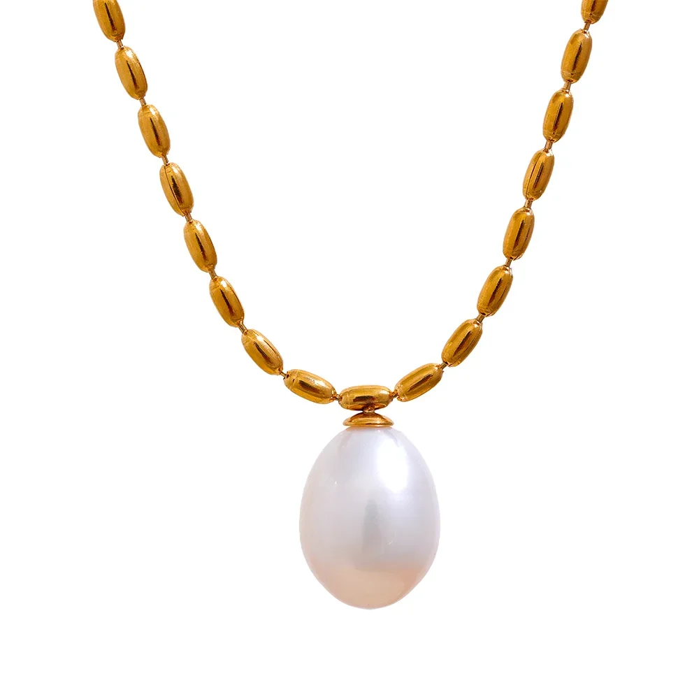 Yhpup Luxury Natural Freshwater Pearl Pendant Stainless Steel Sweet Necklace Women Stylish Exquisite Jewelry Mother Sister Gift