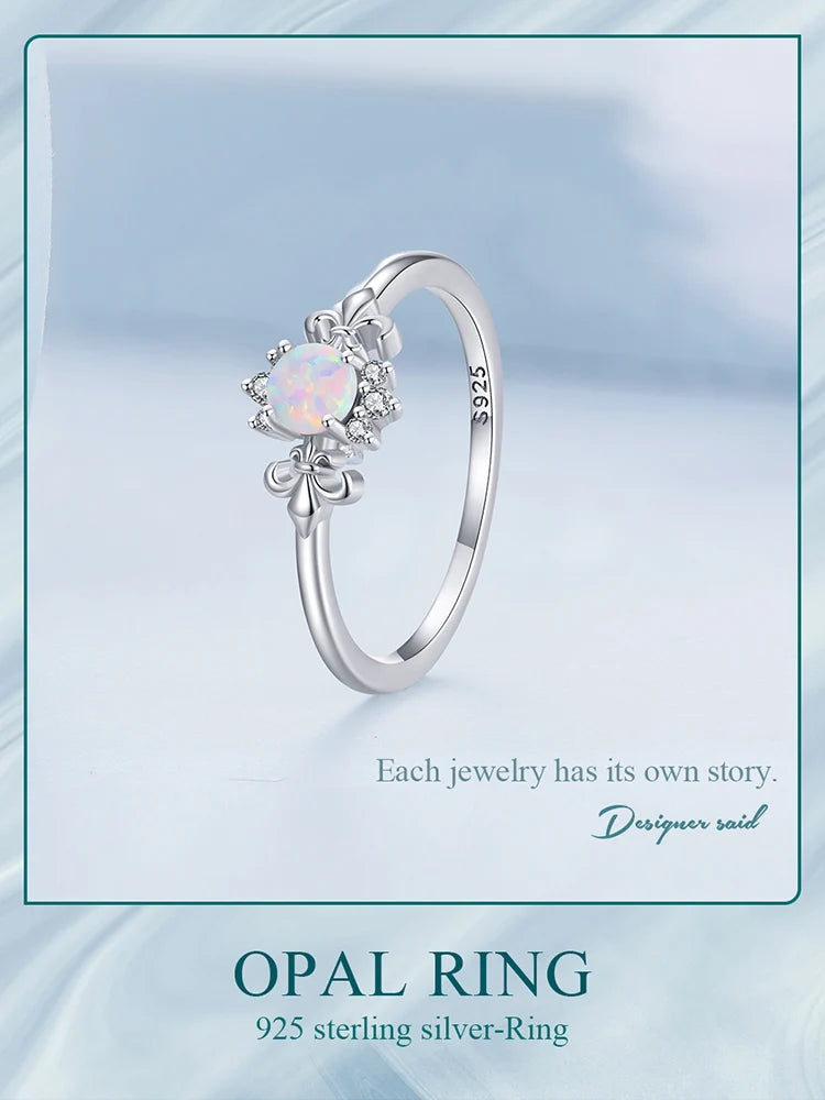 BAMOER 925 Sterling Silver Leaf Ring White Opal Rings Elegant Vine Ring for Women Birthday Gift with Jewelry Box BSR309
