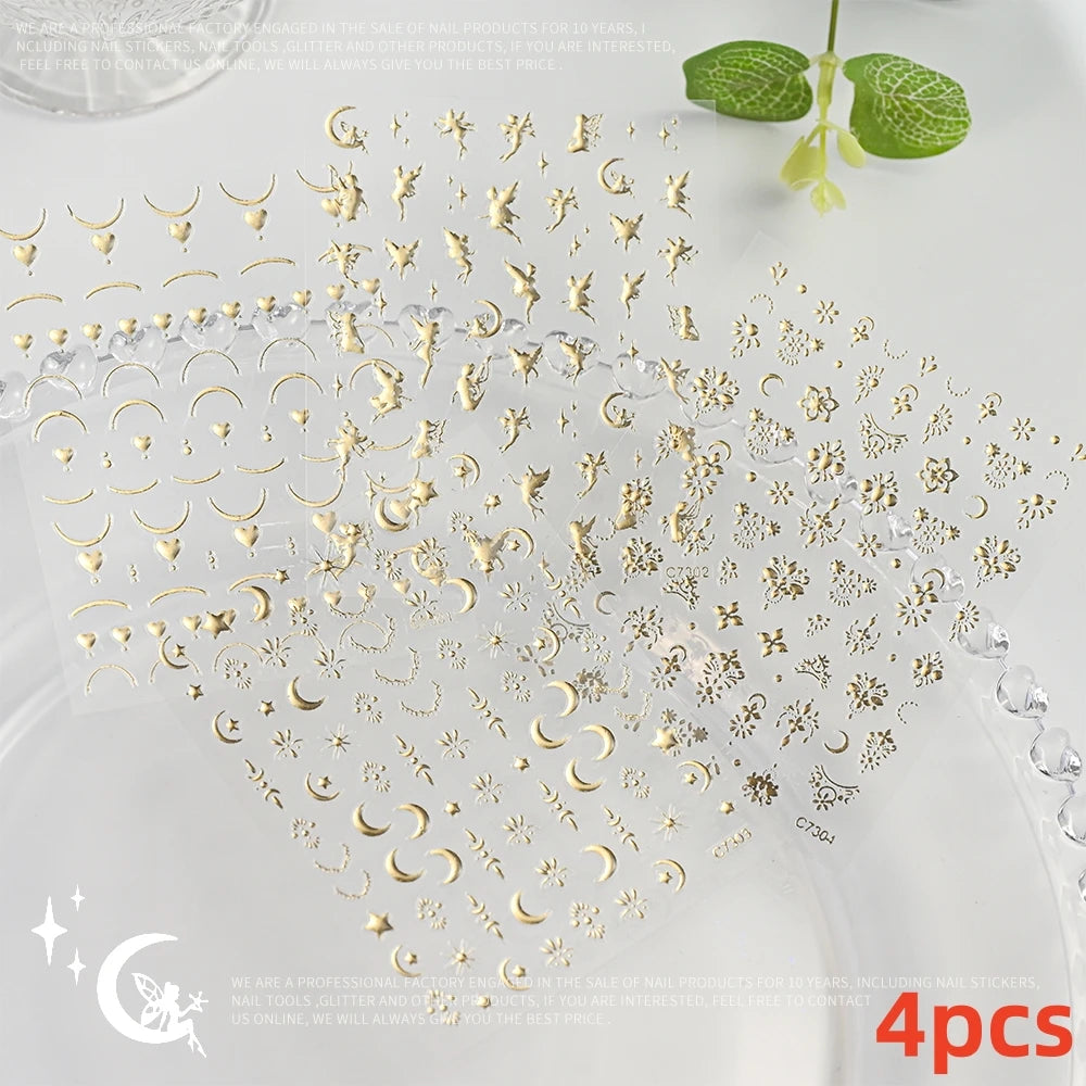 7pcs/Set Bronzing Gold/Silver Nail Art Sticker Sun Stars Moon Design Nail Decals 8*10CM Laser Bohemia Self-Adhesive Slider NLS