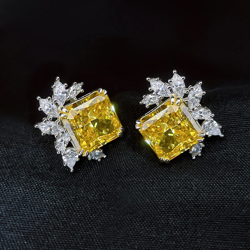 Huitan Sparkling Square Yellow Cubic Zirconia Stud Earrings for Women Wedding Party Luxury Trendy New Accessory Fashion Jewelry