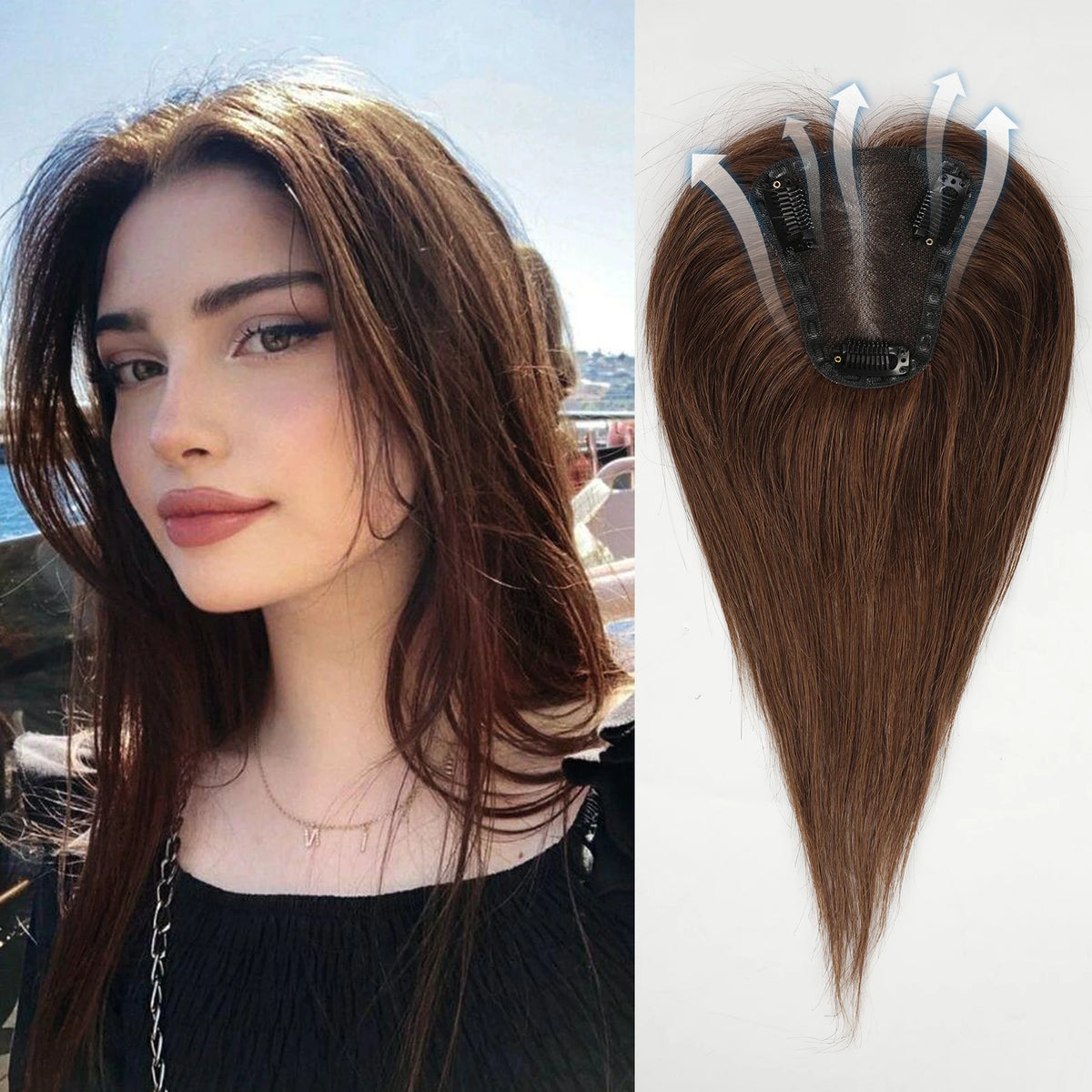 12 Inch Light Brown Ombre Middle Part Lace Front Topper 100% Remy Human Hair Topper Hair Pieces with Clips Extensions for Women