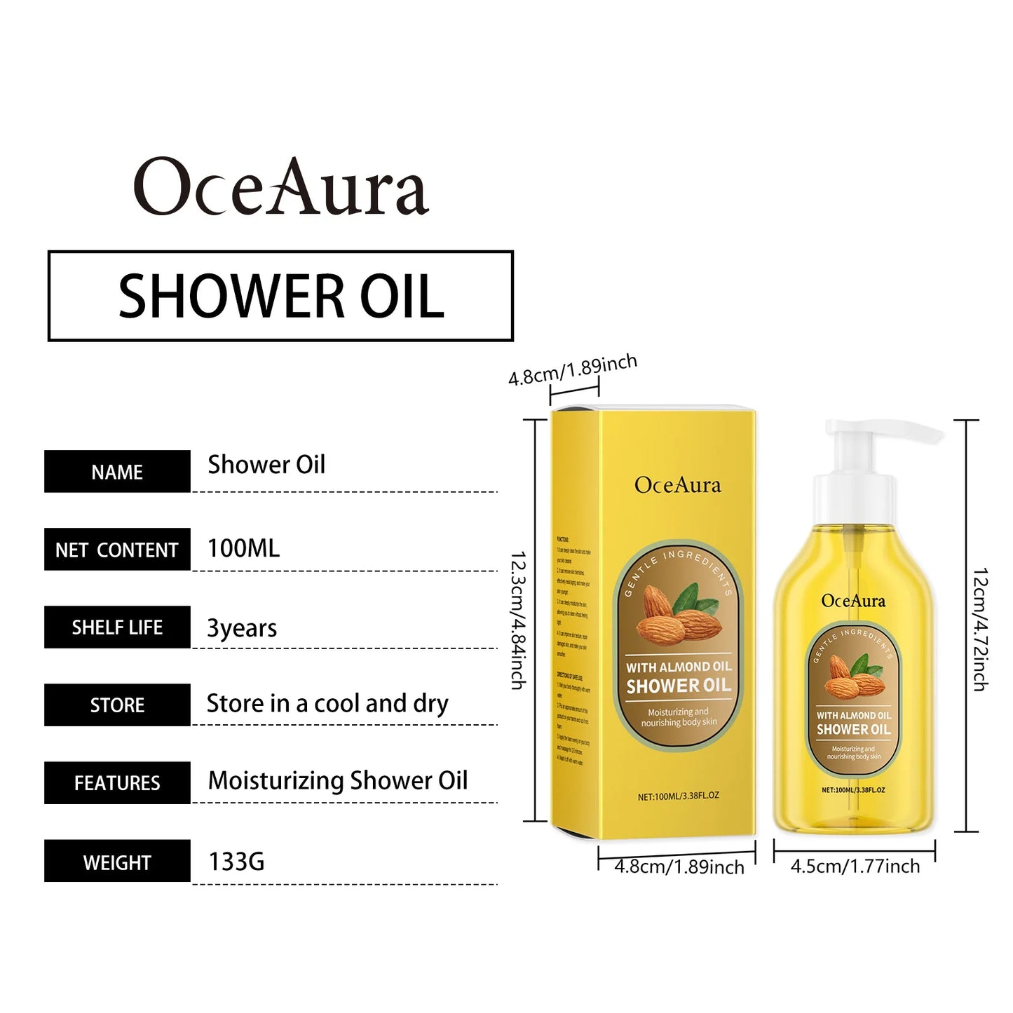 OceAura Shower Oil Sweet Almond Oil Body Cleaning Smooth Skin Barrier Repair Deep Hydration Improve Dryness Coconut Oil Bath Oil