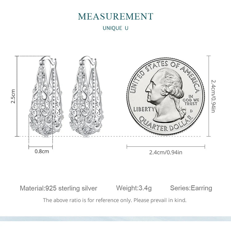 Bamoer 925 Sterling Silver Decorative Vine Hollow Pattern Hoop Earrings Waterdrop Shape Ear Buckles for Women Luxury Jewelry