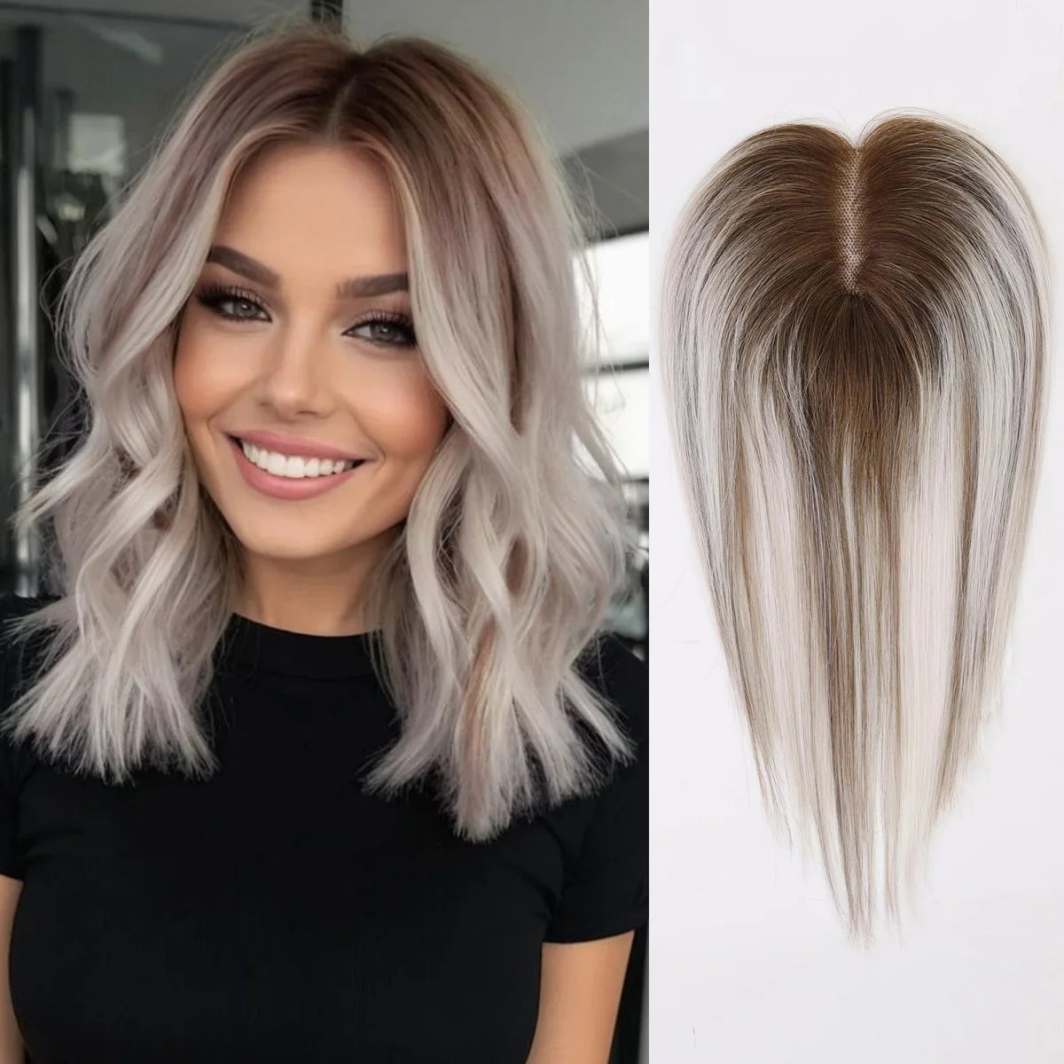 12 Inch Light Brown Ombre Middle Part Lace Front Topper 100% Remy Human Hair Topper Hair Pieces with Clips Extensions for Women