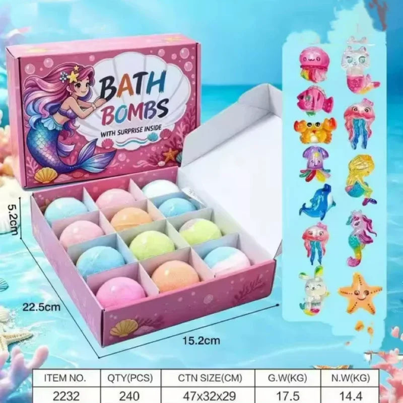 12pcs 60g Kids Bath Spa Fizzies with Hidden Toy Bubble Ball Safe Bath Toy for Children Daily Bathing