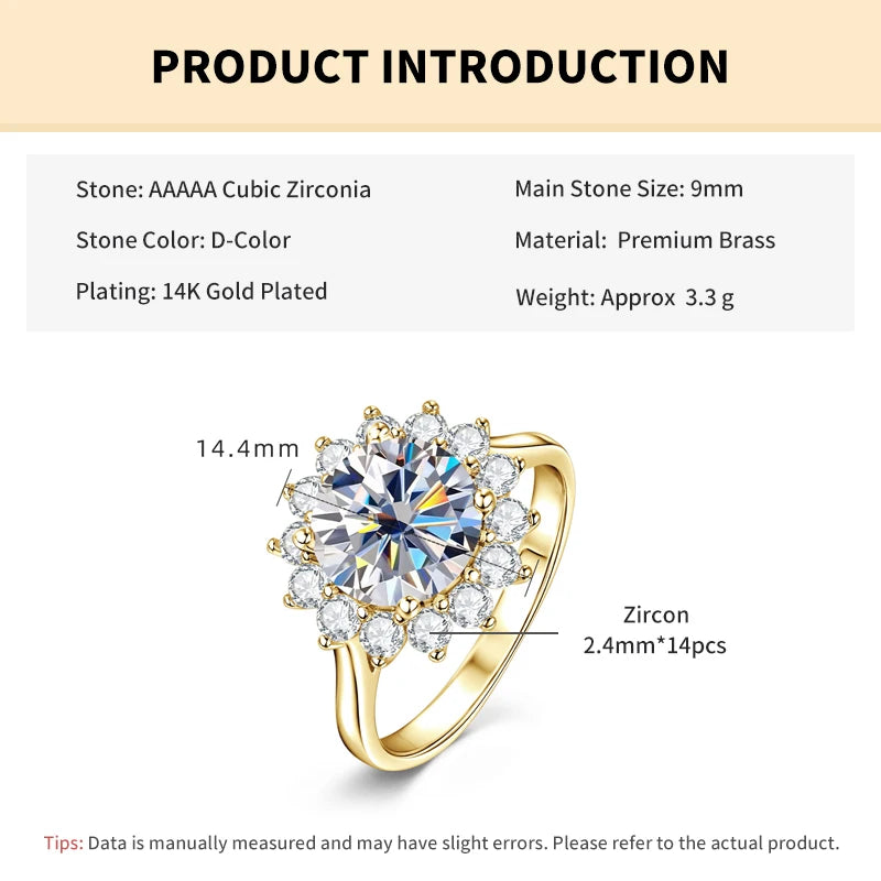Rrjzz 9MM CZ Lab Diamond Sunshine Flower Ring 5A Cubic Zirconia Sunflower Ring for Women Valentine's Day Birthday Jewelry Gifts