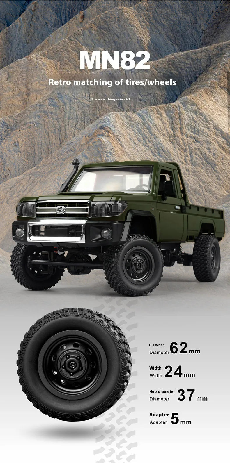 MN82 Green Color 4WD Off-road Rc Car LC79 1:12 280 Brushed Motor Simulation Professional 2.4G Remote Control Pickup Truck Model
