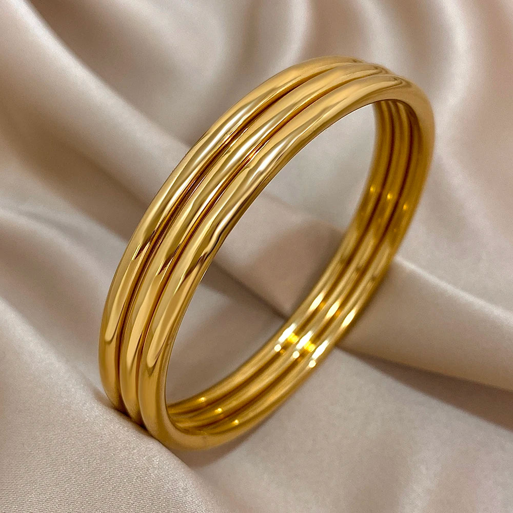 Greatera 3pcs/set Gold/Sliver Color Stainless Steel Bangle For Women Tide 2.7mm Wide Coil Multi-layer Plain Bracelet Jewelry