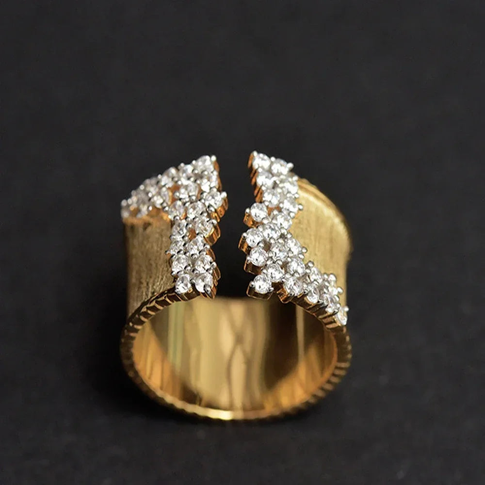 2026 New Fashion Women's Finger Ring with CZ Stone Wiredrawing Effect Gold Color Wide Rings Luxury Female Jewelry Party