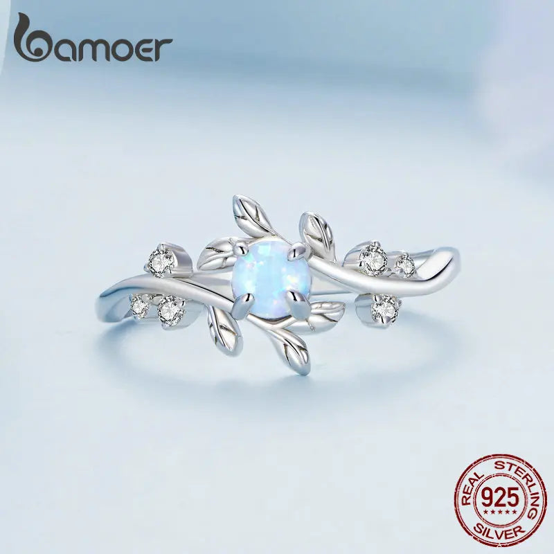 BAMOER 925 Sterling Silver Leaf Ring White Opal Rings Elegant Vine Ring for Women Birthday Gift with Jewelry Box BSR309