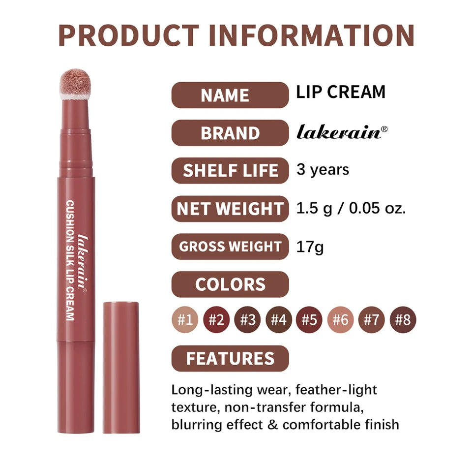 Cushion Silk Lip Cream Long Lasting Wear Waterproof Non Transfer Formula Matte Velvety Finish Lip Glaze Natural Cosmetics
