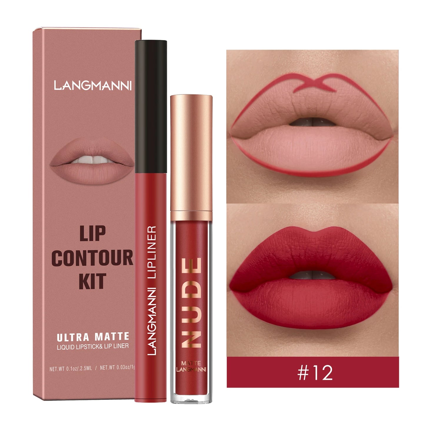 2Pcs Lip Gloss and Lip Liner Set, Matte Finish Non-Stick Cup Long-Lasting Lip Color and Liner Combo, Perfect for Defined Lips