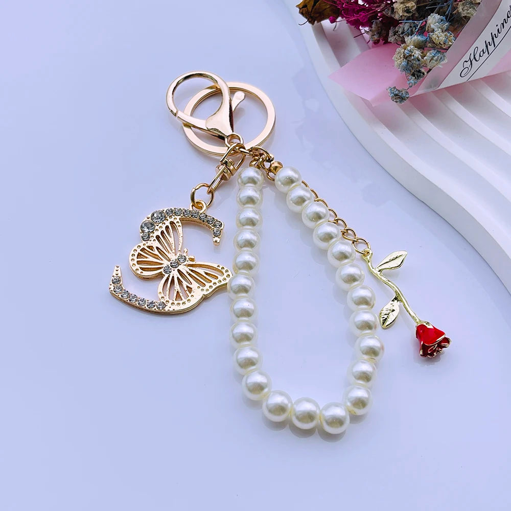 Exquisite Initial A-Z 26 Butterfly Capital Letters Red Rose Keyring Crystal Resin Pearl Beaded Keychain Bag Pendant Women Gift