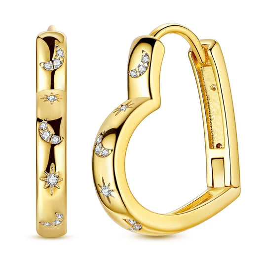925 Sterling Silver Earrings Women Gold Plated Heart and Star Moon Hoop Earring For Anniversary Wedding Jewelry Gifts