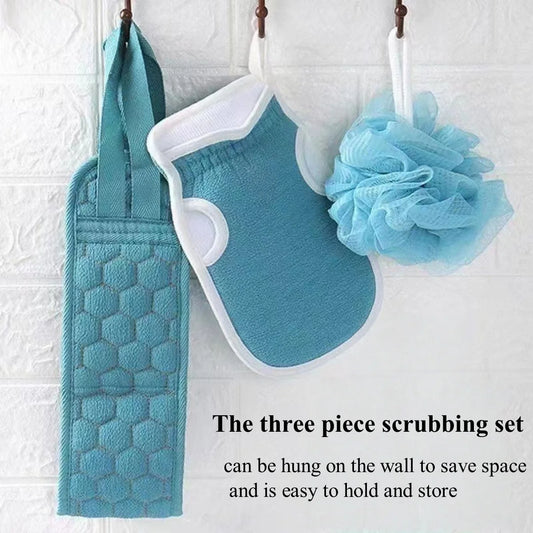 3 Colors Three-piece Bath Set, Rub Bath and Bath Artifact, Household Long Rub Back Towel, Bath Gloves, Bath Flower Set