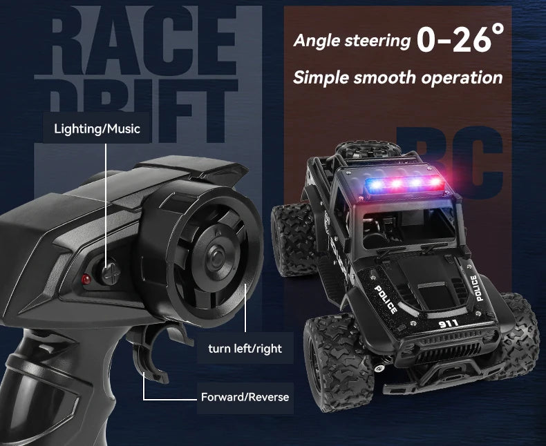 1:16 Alloy High Speed Off-Road Police Truck RC Car with Music Sound and LED Lights Outdoor Toy 2.4G Remote Control Cars