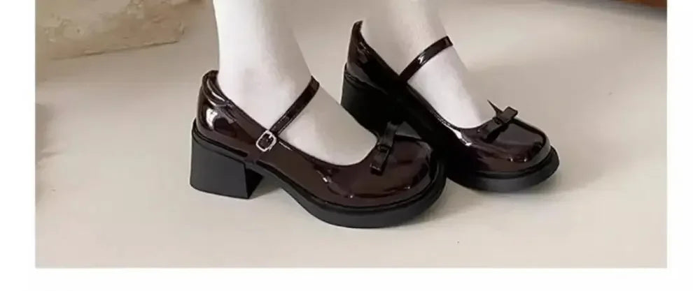 Retro Mary Jane Shoes Women's Chunky Heel Butterfly Knot Japanese JK Style Brown Buckle Strap Simple Design Summer Shoes
