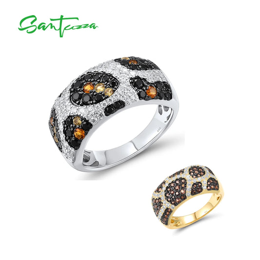 SANTUZZA Genuine 925 Sterling Silver Rings For Women Sparkling Brown Spinel White CZ Leopard Print Elegant Gift Fine Jewelry