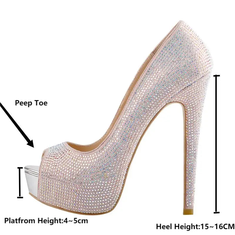Onlymaker Fashion Women's Diamond Platform Peep Toe Sandals Shoes 16CM  Thin High Heel Party Plus Size Handmade Heels