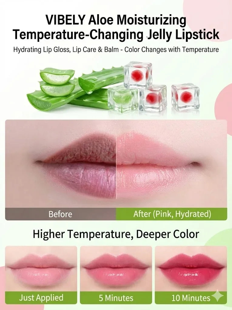 VIBELY Aloe Vera Moisturizing Lip Balm Thermochromic Jelly Lipstick Long Lasting Hydrating Lip Care Tint for Daily Use