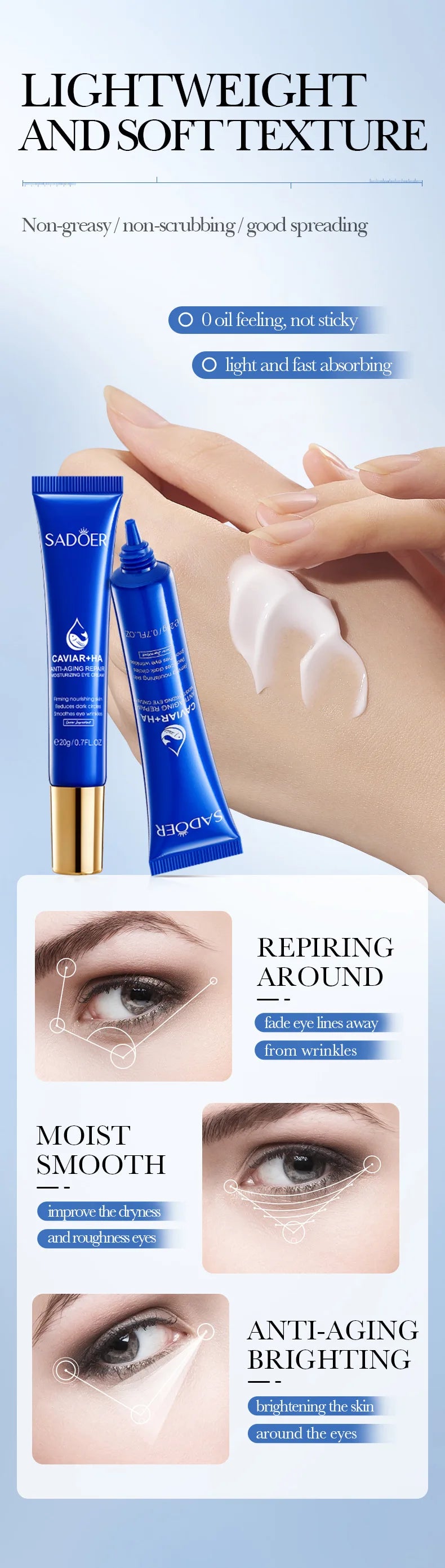 SADOER Caviar Hyaluronic Acid Eye Cream Anti Dark Circles Removal Eyes Bags Firming Moisturizing Beauty Eyes Skin Care Products