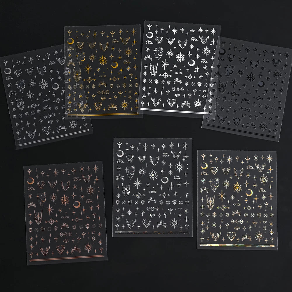 7pcs/Set Bronzing Gold/Silver Nail Art Sticker Sun Stars Moon Design Nail Decals 8*10CM Laser Bohemia Self-Adhesive Slider NLS