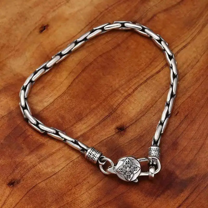 Simplicity Vintage S925 Sterling Silver Bracelet Snake Bone Chain Sculpture Petal Vajra Buckle Bracelet Jewelry Gift