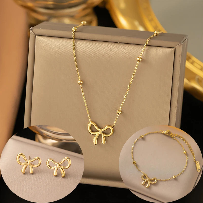 Simple Korean Stainless Steel Bowknot Necklace For Women Girls Delicate Bracelets Charm Choker Earrings Fashion Jewelry Set Gift