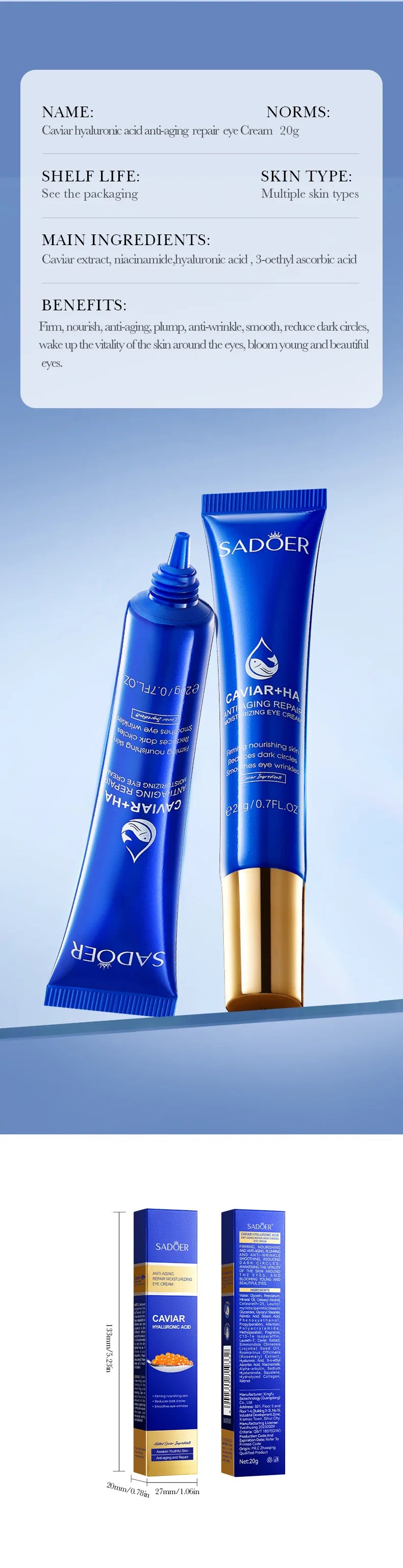 SADOER Caviar Hyaluronic Acid Eye Cream Anti Dark Circles Removal Eyes Bags Firming Moisturizing Beauty Eyes Skin Care Products
