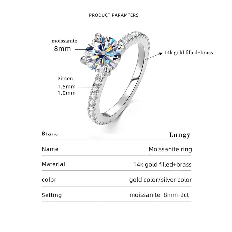 Lnngy Certified 8mm 2ct Moissanite Solitaire Ring 14K Gold Filled Engagement Rings For Women Wedding Party Jewelry Gift