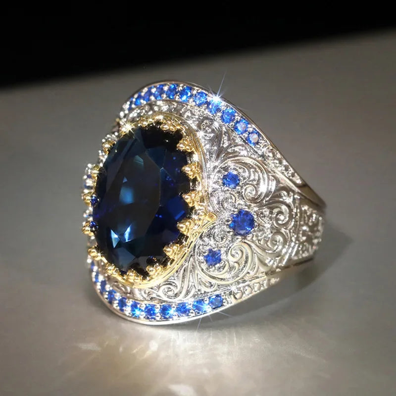 2026 Women's Bohemian Style Retro Exaggerated Texture Zircon Ring European And American Two Tone Accessory