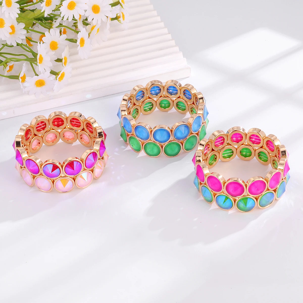 2026 New Design Gold Color Bracelets For Women Inlaid Colorful Glass Crystal Beads Elastic Bangle Candy Color Jewelry