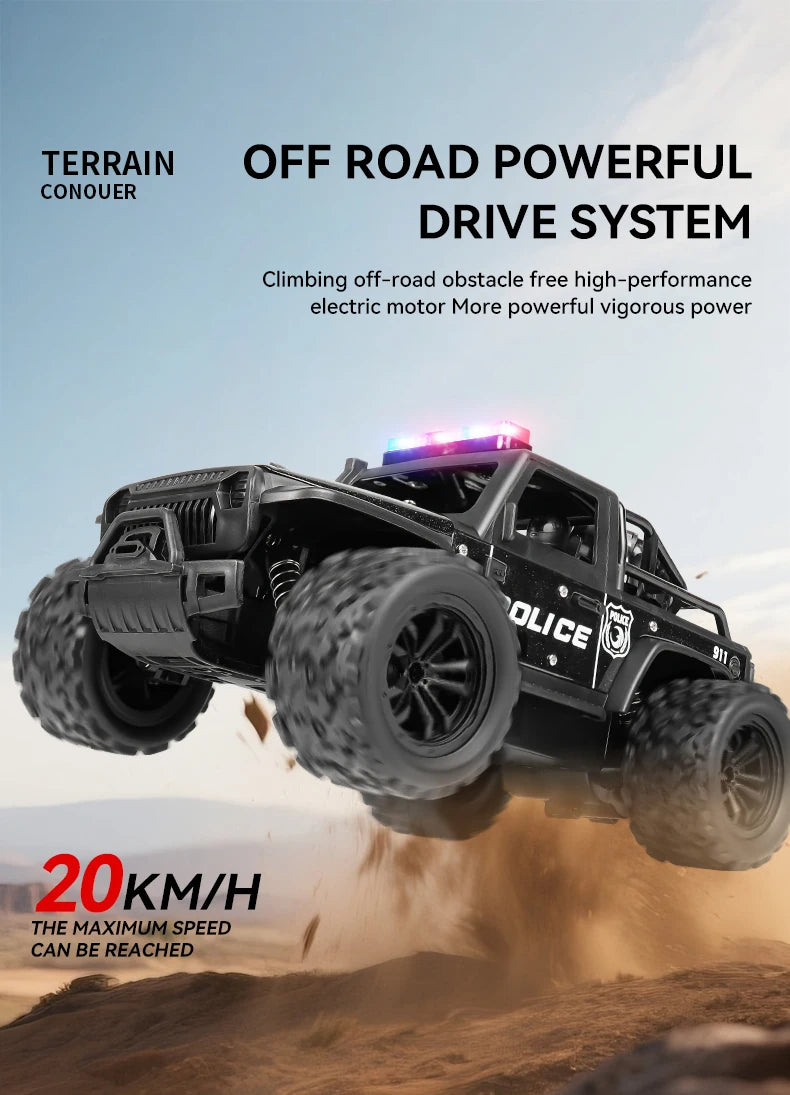 1:16 Alloy High Speed Off-Road Police Truck RC Car with Music Sound and LED Lights Outdoor Toy 2.4G Remote Control Cars