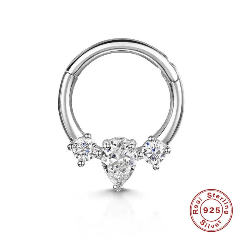 Glowshe 925 Sterling Silver Zircon Geometric Cartilage Piercing Hoop Earrings 1PCS Hip-hop Party Creative Jewelry Nose Rings