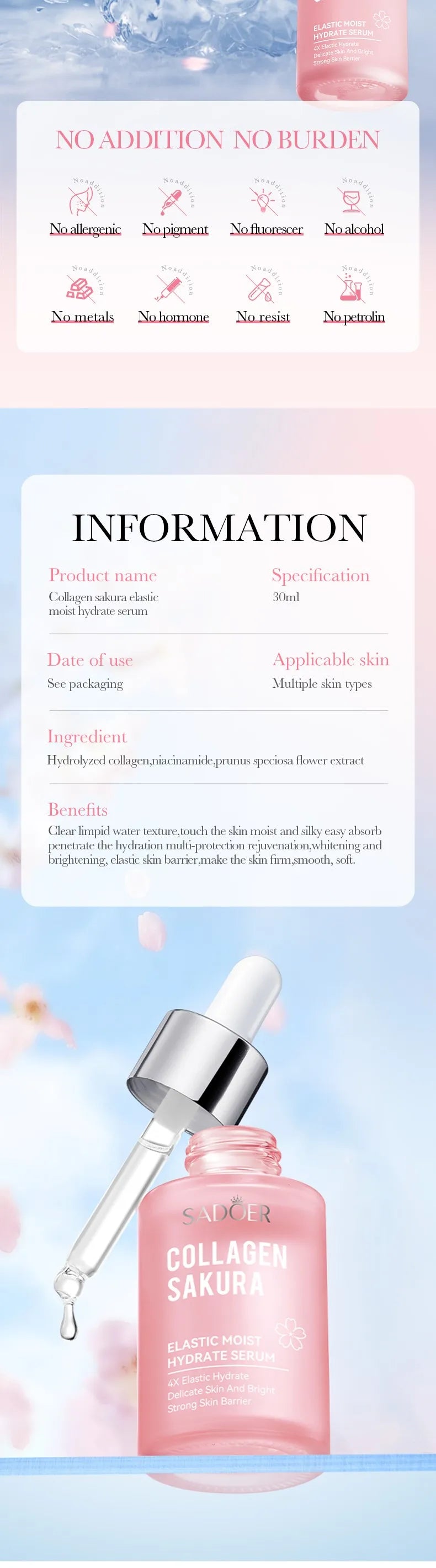 30/100ml SADOER Sakura Facial Serum Anti Wrinkles Anti-aging Hydrating Whitening Face Essence Facial Skin Care Products