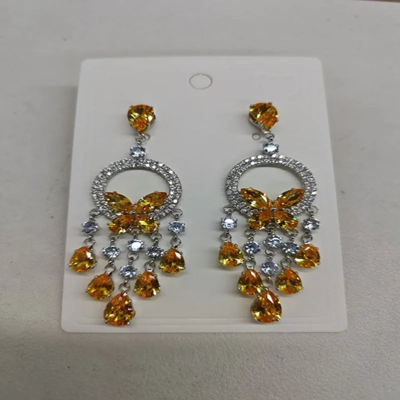 Creative Round Butterfly Earrings for Women Sparkling Rhinestone Water Drop Tassel Earring Elegant Fashion Jewelry Dress Gift C1