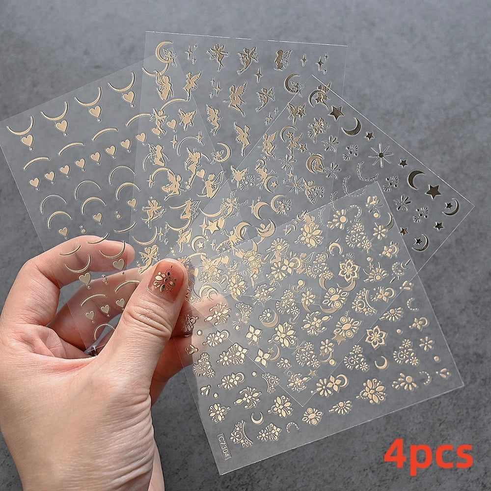 7pcs/Set Bronzing Gold/Silver Nail Art Sticker Sun Stars Moon Design Nail Decals 8*10CM Laser Bohemia Self-Adhesive Slider NLS