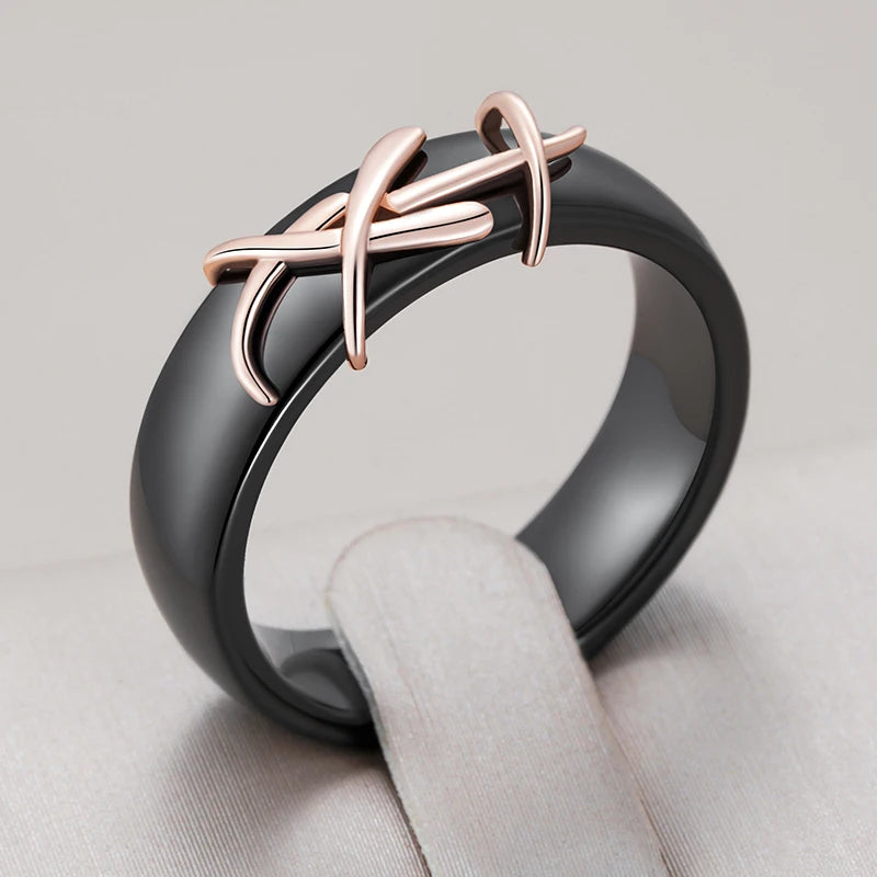 Kinel Fashion 585 Rose Gold Color Black Ceramics Ring For Women Creative Branches Accessories High Quality Daily Fine Jewelry