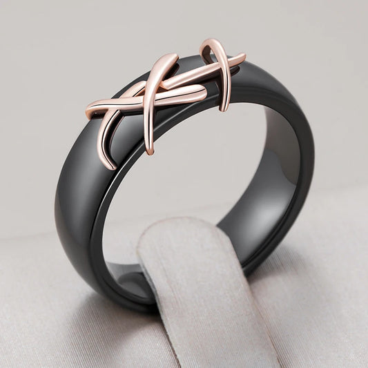 Kinel Fashion 585 Rose Gold Color Black Ceramics Ring For Women Creative Branches Accessories High Quality Daily Fine Jewelry