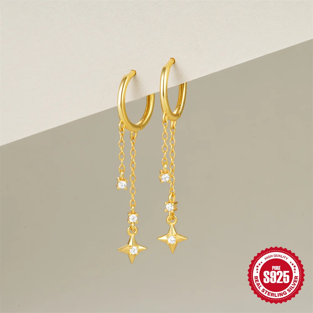 CANNER Eight Pointed Star Moon Tassel Zircon 925 Sterling Silver Drop Earrings For Women Ins Pearl Flower Minimalism Earrings