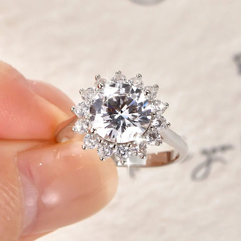 Rrjzz 9MM CZ Lab Diamond Sunshine Flower Ring 5A Cubic Zirconia Sunflower Ring for Women Valentine's Day Birthday Jewelry Gifts
