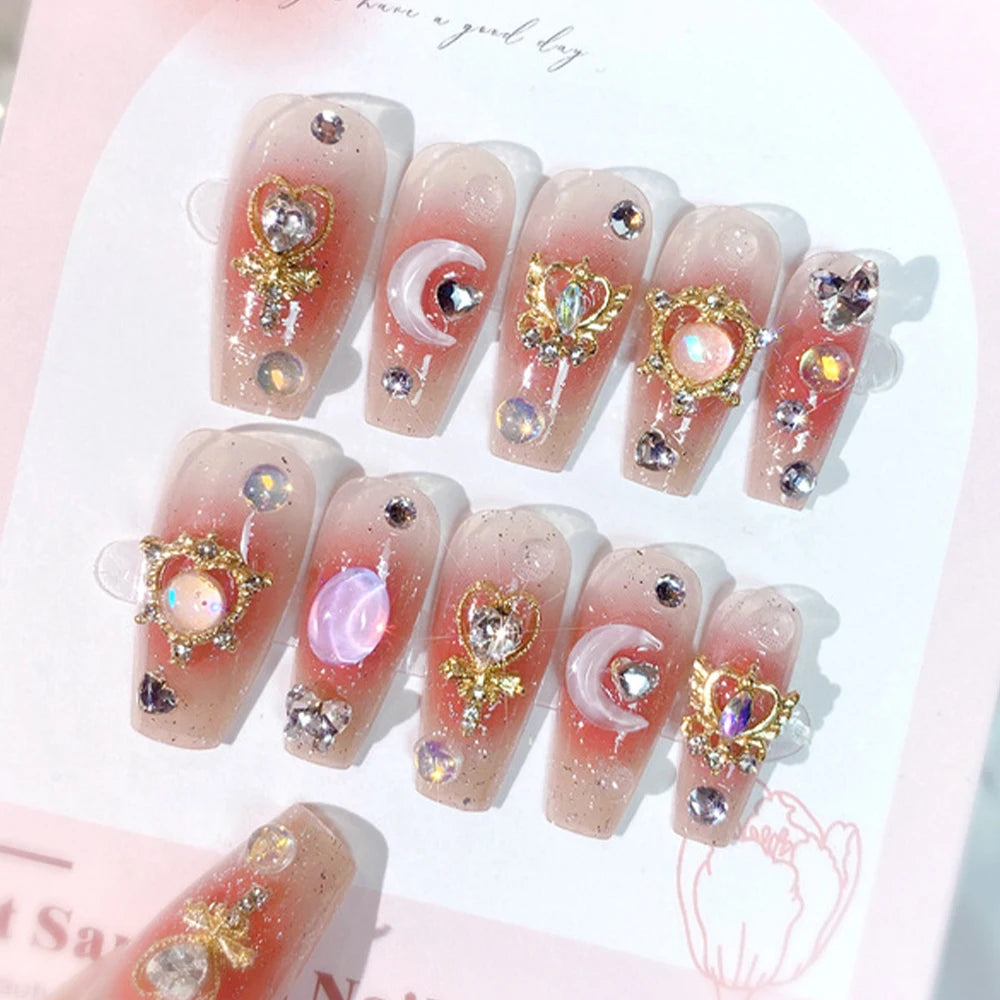 24Pcs+tools sea blue fake nails 3D moon rhinestones press on nails long coffin wearable false nail full cover luxury nails patch