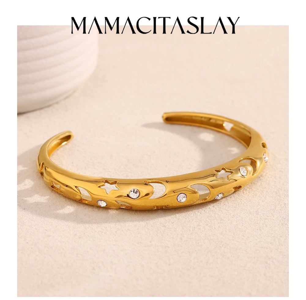 MamacitaSlay 316L Stainless Steel Star Moon Zircon Open Bracelet Party Waterproof 18K Gold Plated Jewelry Women's Charm Bracelet